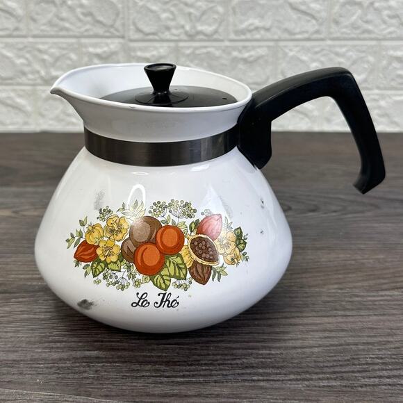 Vintage Corning Ware 6 Cup Hot Water Pot Spice Of Life Design Black Handle & Lid - Picture 3 of 6